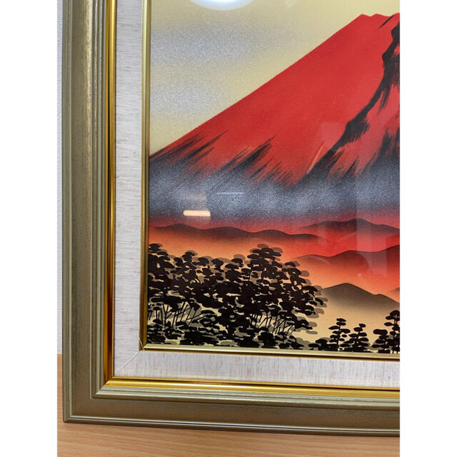 3万円→1万円‼️】手描き油絵 葛谷聖山(梅月)日本画額F6金「赤富士」-