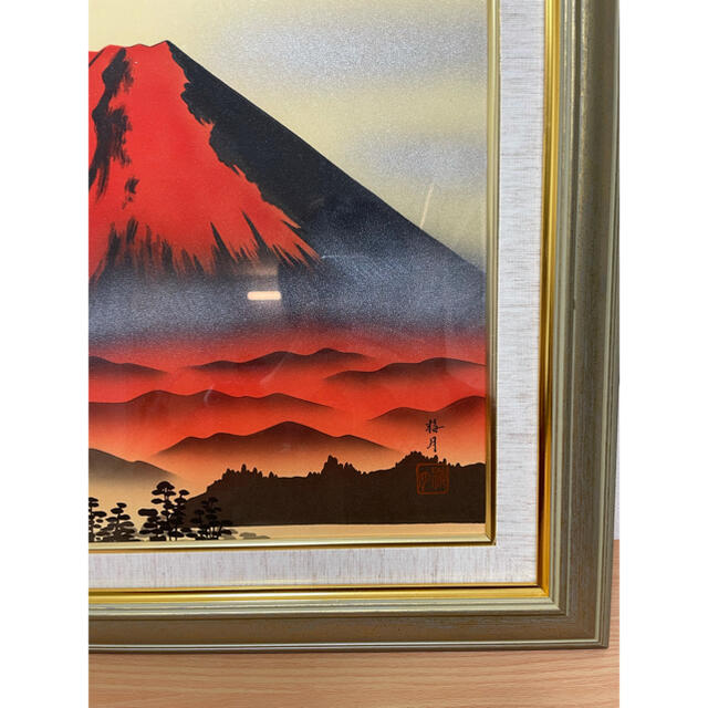 3万円→1万円‼️】手描き油絵 葛谷聖山(梅月)日本画額F6金「赤富士」-