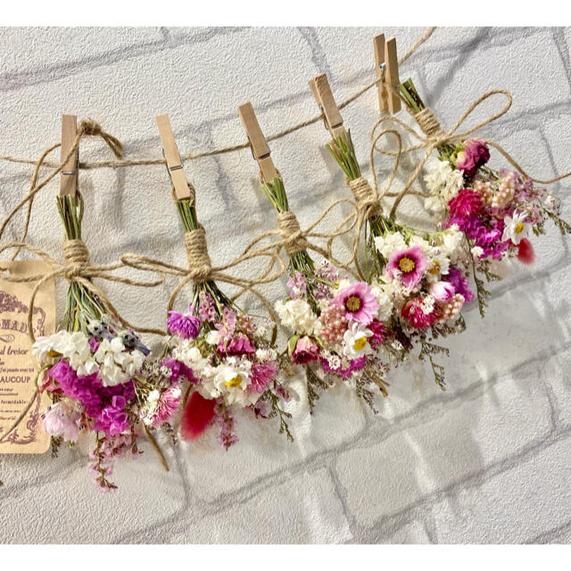 ドライフラワー スワッグ ガーランド❁265ピンク 薔薇 かすみ草 白 花束♪