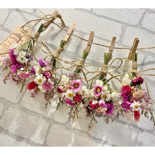 ドライフラワー スワッグ ガーランド❁265ピンク 薔薇 かすみ草 白 花束♪