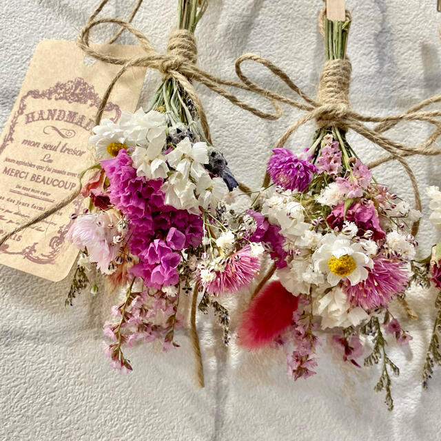 ドライフラワー スワッグ ガーランド❁265ピンク 薔薇 かすみ草 白 花束♪