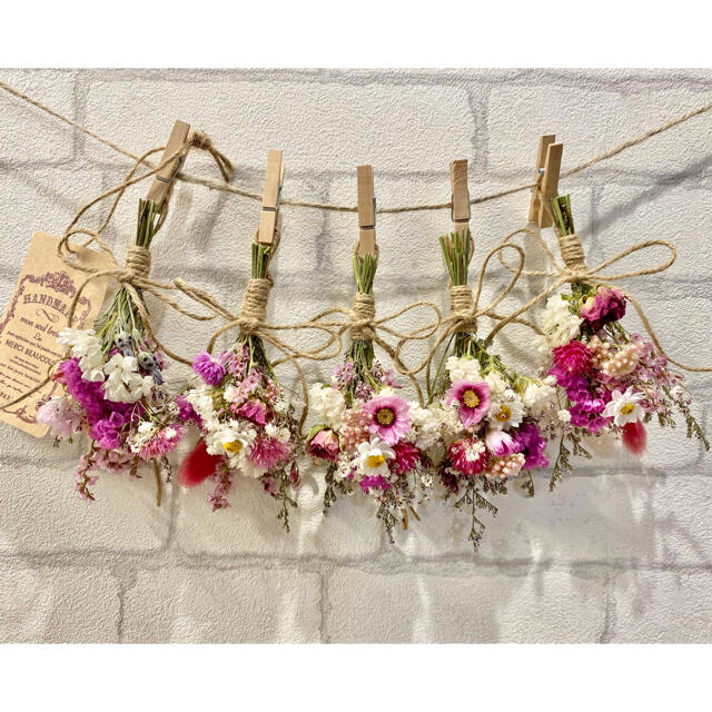 ドライフラワー スワッグ ガーランド❁265ピンク 薔薇 かすみ草 白 花束♪
