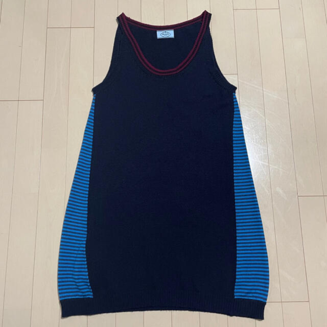 PRADA - 本物 プラダ ボーダー切替 ノースリーブ ニット ワンピース 44 紺色×水色