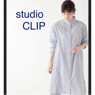 スタディオクリップ(STUDIO CLIP)のstudio CLIP【美品】シングルガーゼ襟フリルハイネックシャツワンピース(ひざ丈ワンピース)