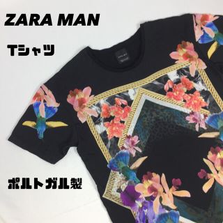 ザラ(ZARA)の古着 ZARA ザラ tシャツ カットソー 総柄 花 鳥 黒(Tシャツ/カットソー(半袖/袖なし))