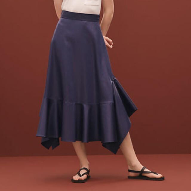 経典 Hermes 裾イレギュラーアシンメトリースカート#34ネイビーブルー