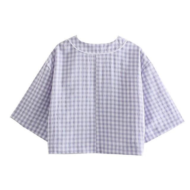 クーポン利用で1000円OFF ZARA チェック柄 クロップドシャツ 通販 新品タグ付き ZARA ビスチェ クロップドトップス パープル チェック柄