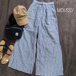 マウジー(moussy)のマウジー ストライプ ワイドパンツ リネン 麻(カジュアルパンツ)