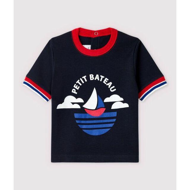 PETIT BATEAU(プチバトー)の新品未使用　プチバトー　24m プリント半袖Ｔシャツ ネイビー　ロゴとトリコ キッズ/ベビー/マタニティのベビー服(~85cm)(Ｔシャツ)の商品写真