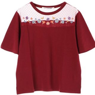 レイカズン(RayCassin)の新品★ゆったりサイズ★RAYCASSIN★刺繍入りチュール切替トップス★ボルドー(Tシャツ(半袖/袖なし))