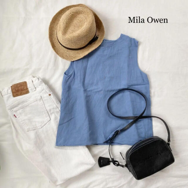 Mila Owen(ミラオーウェン)の《Mila Owen》くすみブルー　麻トップス　ミラオーウェンタンクトップ レディースのトップス(カットソー(半袖/袖なし))の商品写真