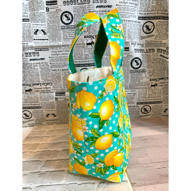 レモンドット柄 エメラルドグリーン トートバック ハンドメイド 8
