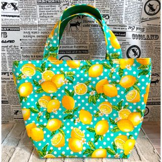 レモンドット柄 エメラルドグリーン トートバック ハンドメイド