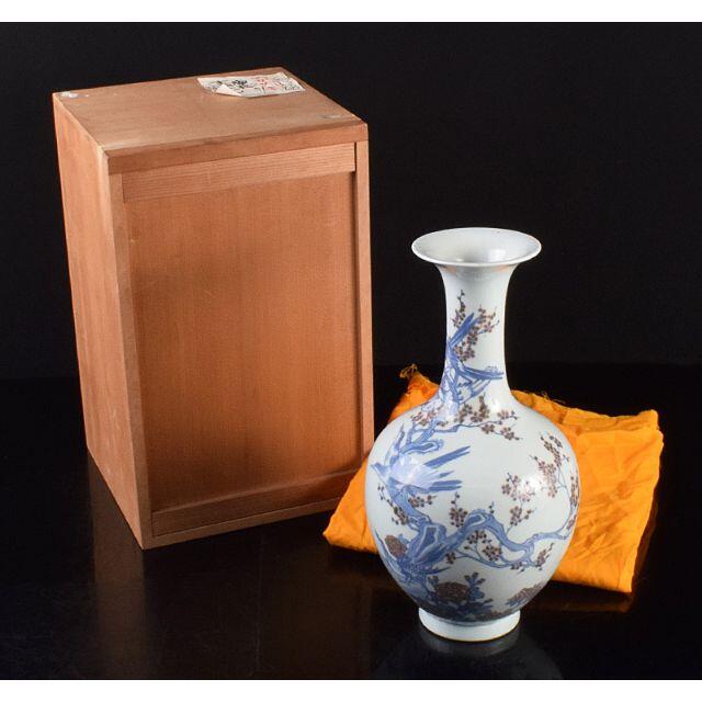 中国　大清乾隆年製款　青花釉裏紅　花鳥文瓶　時代箱付　V　R3573C