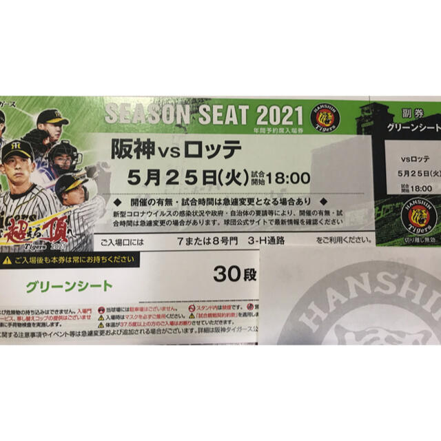 阪神タイガース(ハンシンタイガース)の阪神 vs ロッテ グリーンシート通路側 5月25日(火) 18:00- チケットのスポーツ(野球)の商品写真