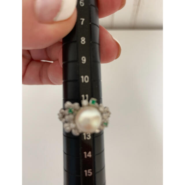 k14ホワイトゴールド✨あこや真珠8.6mmダイヤ／エメラルド付きリング✨