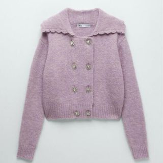 ザラ(ZARA)のZARA ビジューボタン 襟付き カーディガン M(カーディガン)