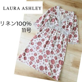 ローラアシュレイ(LAURA ASHLEY)の美品　ローラアシュレイ　リネン素材　ロングワンピース   花柄　七分袖(ロングワンピース/マキシワンピース)