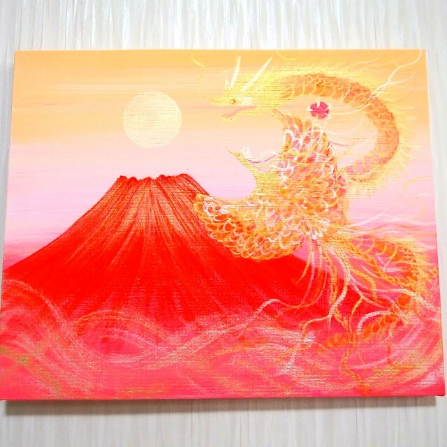 日本未入荷 ヒーリング風水幸運画*龍鳳凰桃空華翔~富士~金運仕事