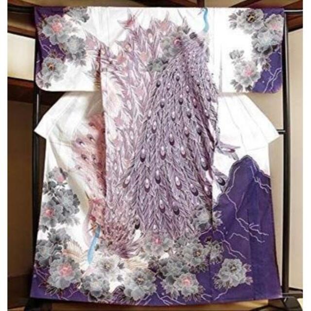 絵羽 浴衣 白 紫 孔雀 牡丹 フリーサイズ レディース
