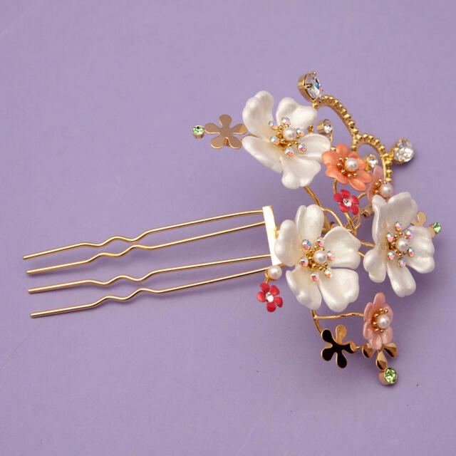 彫金かんざし(パステルカラーのお花の花芯にオーロラ) レディースのヘアアクセサリー(ヘアピン)の商品写真