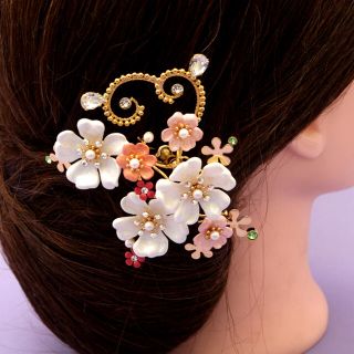 彫金かんざし(パステルカラーのお花の花芯にオーロラ)(ヘアピン)