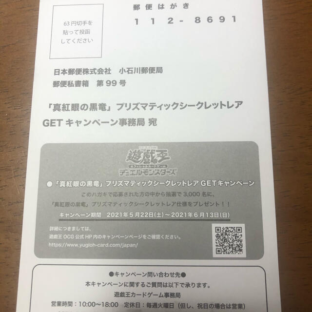遊戯王  真紅眼の黒竜　レッドアイズ 応募券ハガキ 100枚
