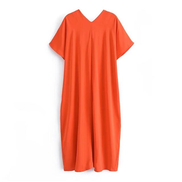 ZARA - 🍀5月新作🎏4313◇orange オレンジ サテン風 Vネック