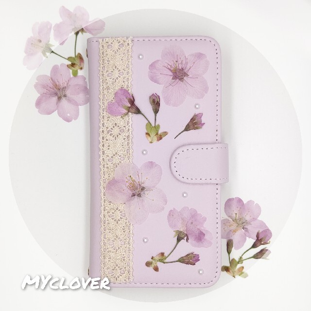 ハンドメイド　桜押し花　スマホケース　手帳型　人気　iPhone　Android