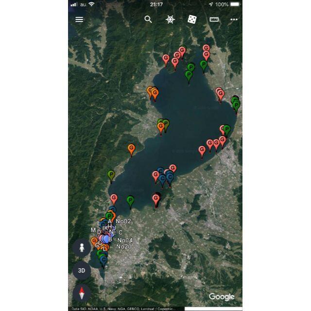 スマホ・モバイル用　GoogleEarth琵琶湖全域ポイントデータ