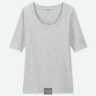 ユニクロ(UNIQLO)の(UNIQLO) リブUネックT(5分袖)ライトグレー XLサイズ(カットソー(半袖/袖なし))