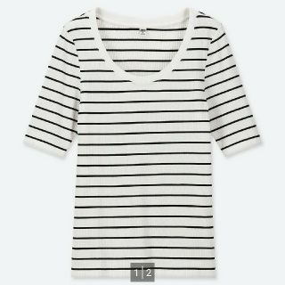 ユニクロ(UNIQLO)のUNIQLO リブボーダーUネックT(5分袖)オフホワイト×ブラック XLサイズ(カットソー(半袖/袖なし))