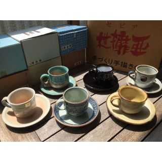 手描きコーヒーカップとソーサー６客　６窯元めぐりセット（１）レトロ品(グラス/カップ)