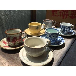 手描きコーヒーカップとソーサー６客　６窯元めぐりセット（２）レトロ品(グラス/カップ)