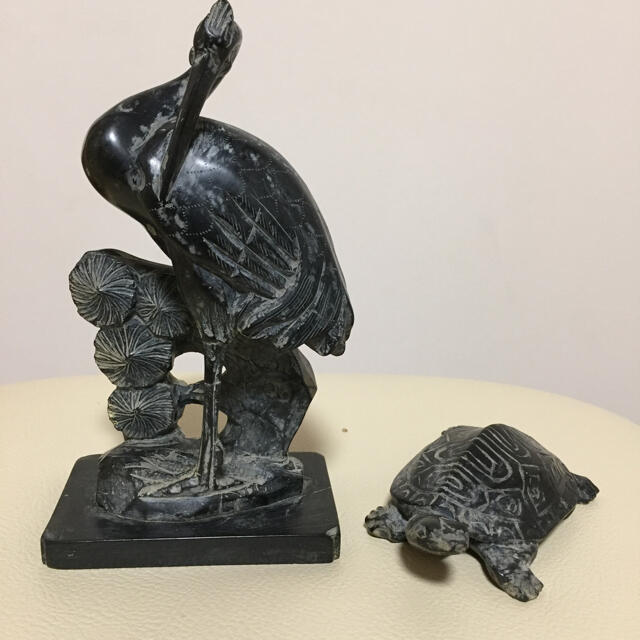 中国工藝品 墨晶石 鶴と亀