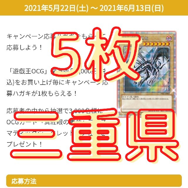 遊戯王 レッドアイズ 真紅眼 ゲットキャンペーン応募ハガキ × 5