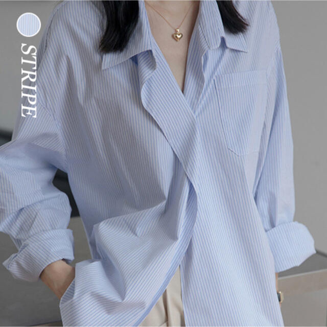 ZARA(ザラ)の【新品】韓国風 ストライプユニークデザインシャツ【ブルー】 レディースのトップス(シャツ/ブラウス(長袖/七分))の商品写真