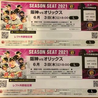 ハンシンタイガース(阪神タイガース)の【プロ野球交流戦】阪神 vs オリックス レフト外野指定席 ペアチケット(野球)