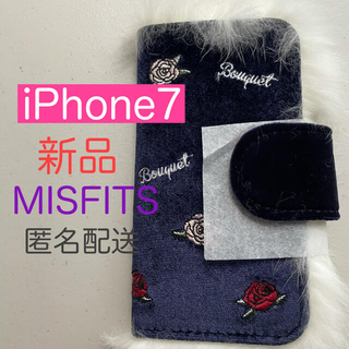 新古品　iPhone7 手帳ケース　MISFITS 薔薇　ベロア素材　ネイビー(iPhoneケース)