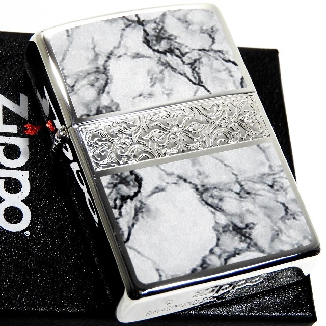 ZIPPO(ジッポー)の送料無料☆zippo☆両面加工☆大理石柄☆アラベスクラインS☆SV/WH☆ジッポ メンズのファッション小物(タバコグッズ)の商品写真