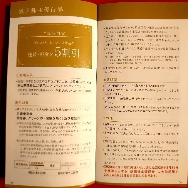 JR(ジェイアール)のJR九州 株主優待券 鉄道10枚綴 グループ5枚 高速船1枚 2022年5月まで チケットの優待券/割引券(その他)の商品写真