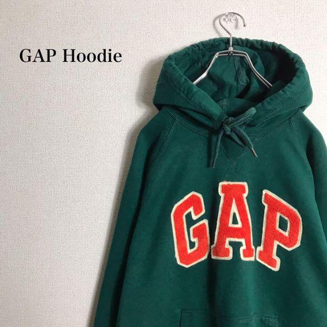 GAP フードパーカー デカロゴ 刺繍ロゴ ワッペン グリーン アースカラー