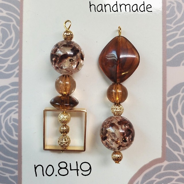 No.849 ブラウン ハンドメイド イヤリング レジン ピアス スクエア www