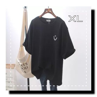 スマイルTシャツ 　オーバーサイズ ビッグシルエット　X Lブラック　黒(カットソー(半袖/袖なし))