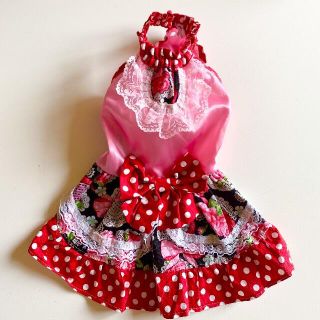 犬服　ハンドメイド　サテン　ドット　ゴスロリ　フリル　赤　ピンク　黒　M(犬)