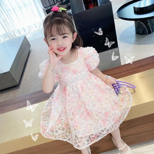 2021新作】春夏新作 子供フラワーワンピース ドレス　120cm キッズ/ベビー/マタニティのキッズ服女の子用(90cm~)(ワンピース)の商品写真