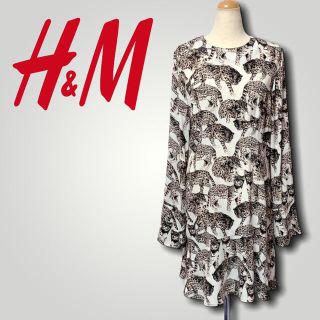 エイチアンドエム(H&M)のH&M  アニマル　ニャンコ総柄　レーヨン　ワンピース　L　 超カワイイ‼︎(ひざ丈ワンピース)