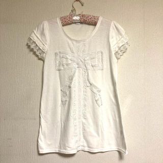 リープリッピン(Leap Lippin)のリープリッピン リボンレースロングTシャツ 白 ホワイト 半袖(Tシャツ(半袖/袖なし))