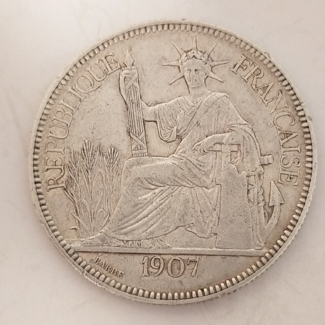 1 ピアストル大型銀貨】フランス領インドシナ 1907年