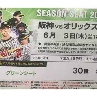 ハンシンタイガース(阪神タイガース)の阪神 vs オリックス グリーンシート通路側 6月3日(木) 18:00-(野球)